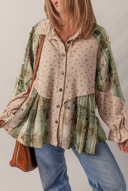 Mist Green Boho Floral Plaid Patchwork Distressed Detail Ruffled Sleeve Waffle Knit Shacket