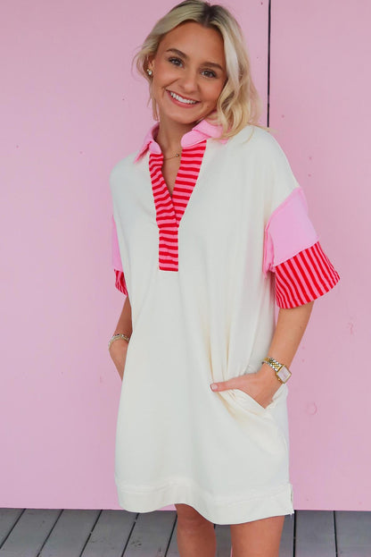White Stripe Colorblock Patchwork Short Sleeve T Shirt Dress