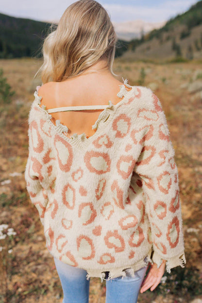 Suéter borroso con ribete desgastado y estampado animal de leopardo 