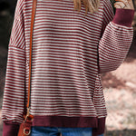 Red Stripe Ribbed Trim Drop Shoulder Long Sleeve Oversize Top