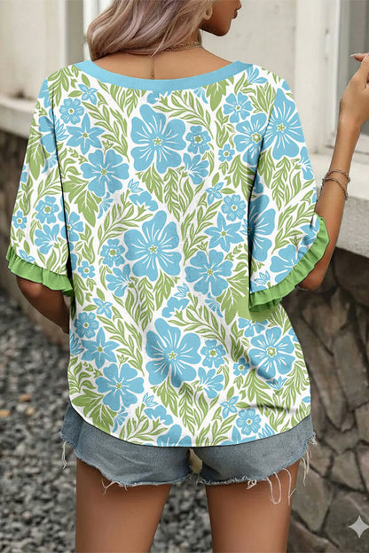 Rose Floral Print Ruffled Color Block Trim Half Sleeve Blouse