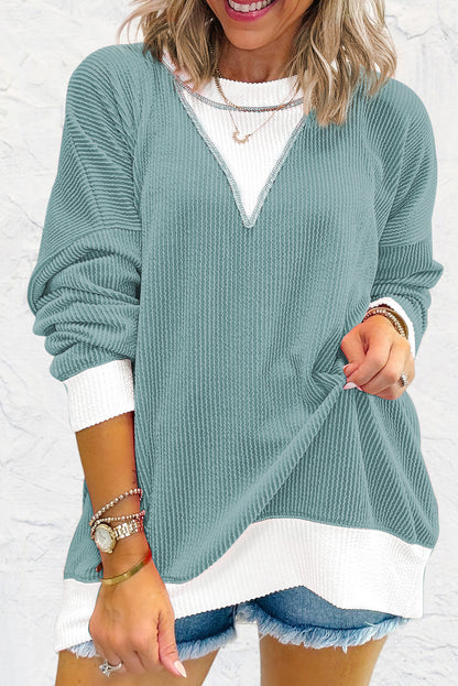 Peach Blossom Corded Colorblock Drop Shoulder Loose Top