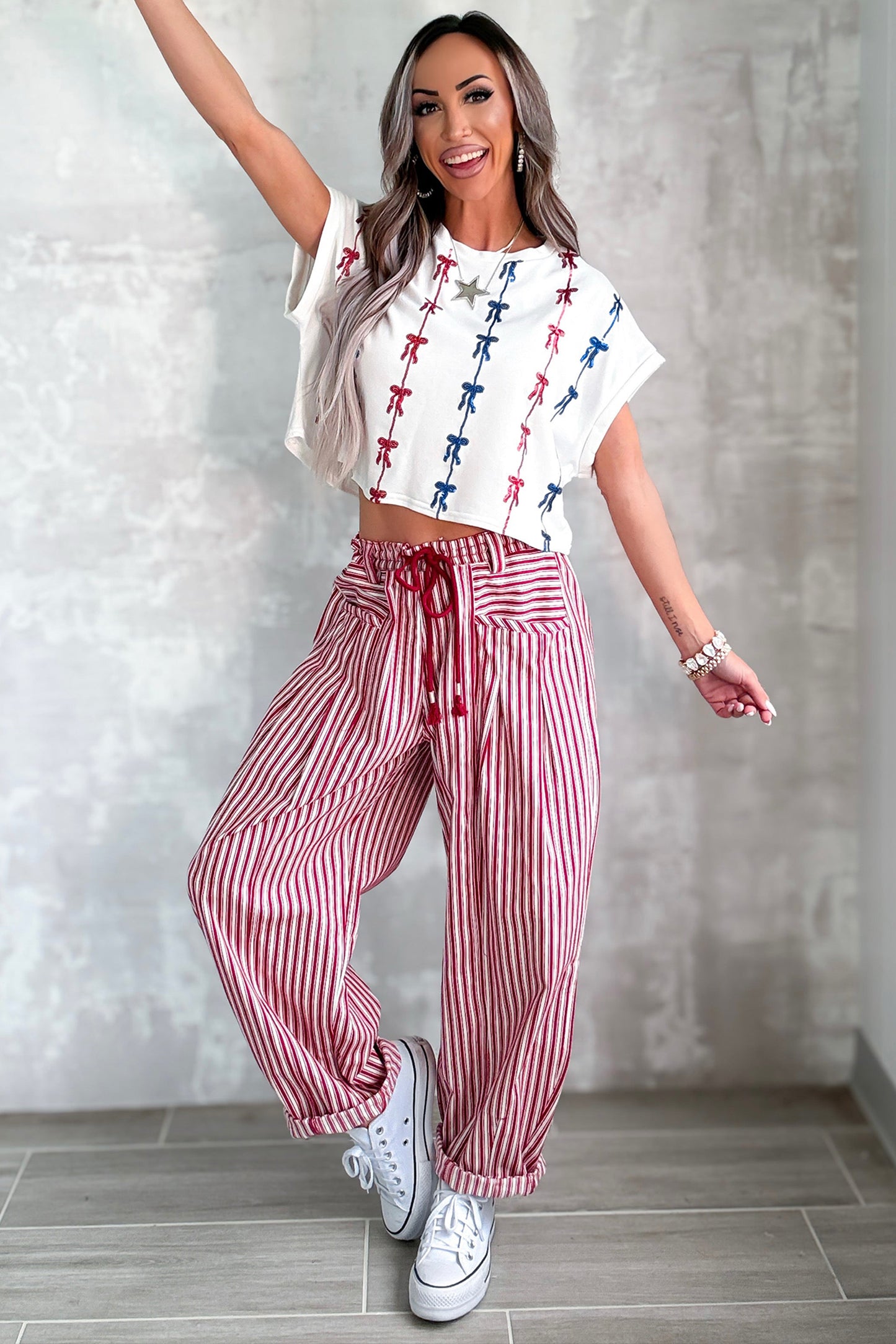 Red Stripe Drawstring Casual Loose Pants