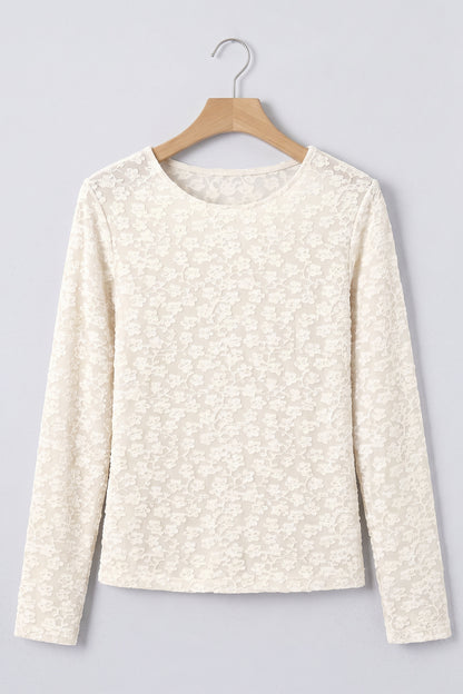 White Solid Color Floral Textured Long Sleeve Top