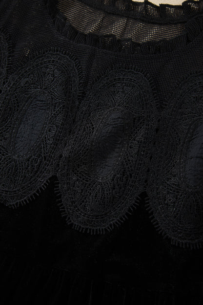 Black Embroidered Velvet Short Sleeve Mini Shift Dress