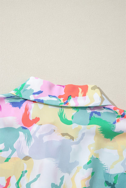 Chemise décontractée blanche à manches longues et boutons, imprimé cheval coloré