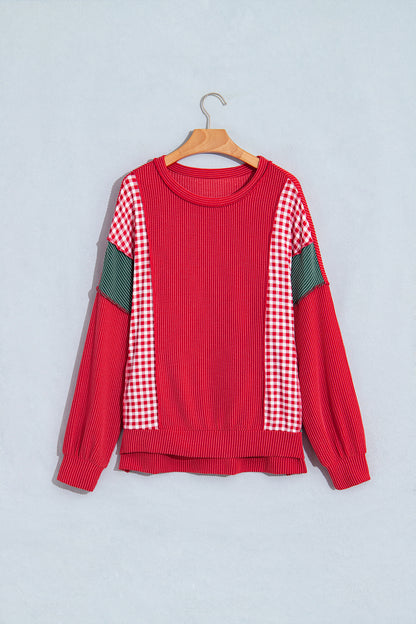 Fiery Red Patchwork Plaid Colorblock Twist Rib Round Neck Long Sleeve Top