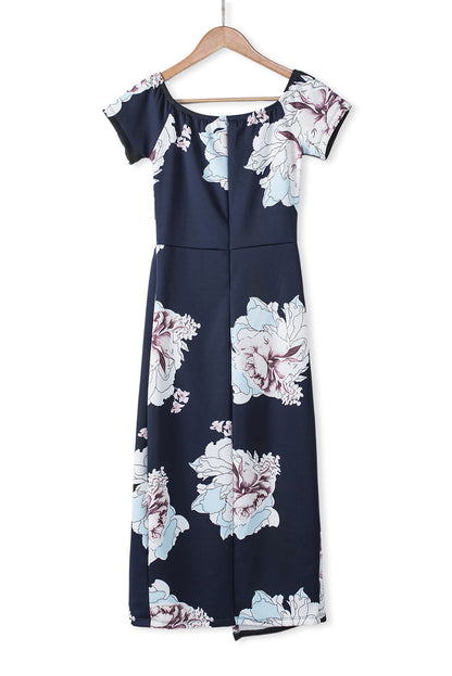 Robe mi-longue moulante fendue à épaules dénudées et imprimé floral bleu foncé