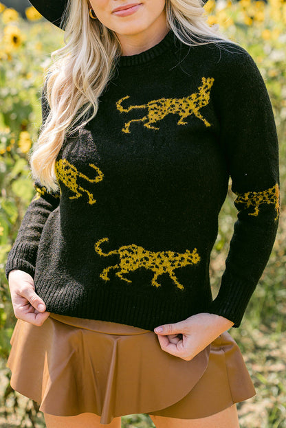 Pull col rond en maille à motif guépard noir 