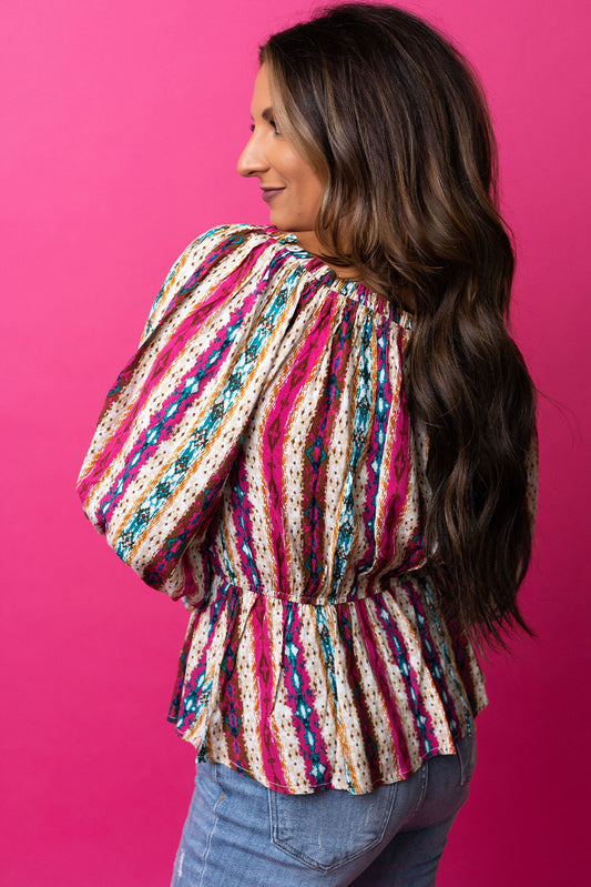 Chemisier péplum multicolore à col fendu et motif aztèque de l'Ouest 