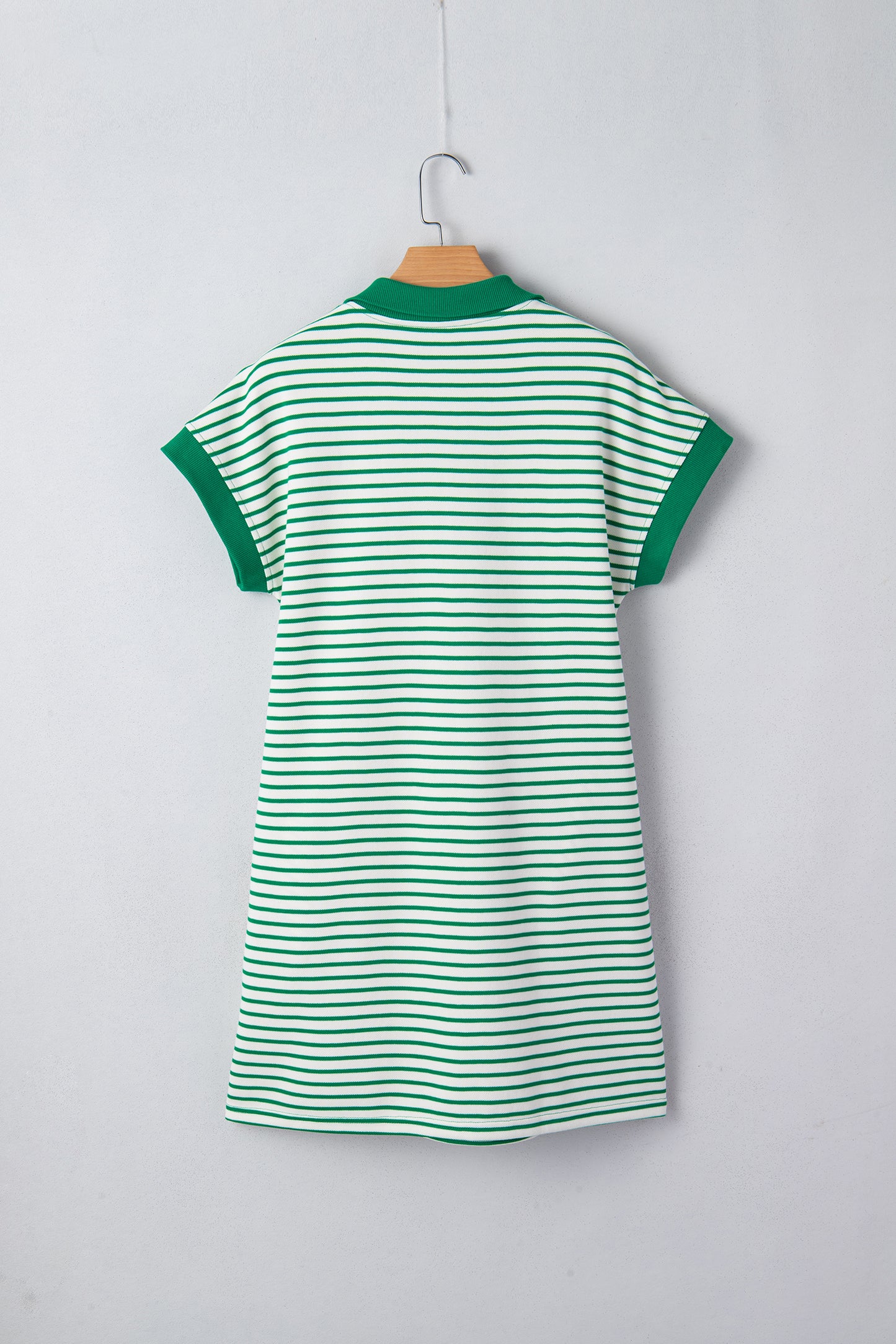 Green Stripe Quarter Zip Polo Collar T Shirt Dress with Pockets