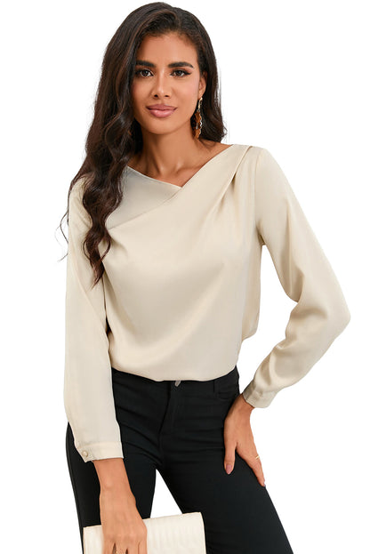 White Solid Asymmetric V Neck Long Sleeve Satin Blouse