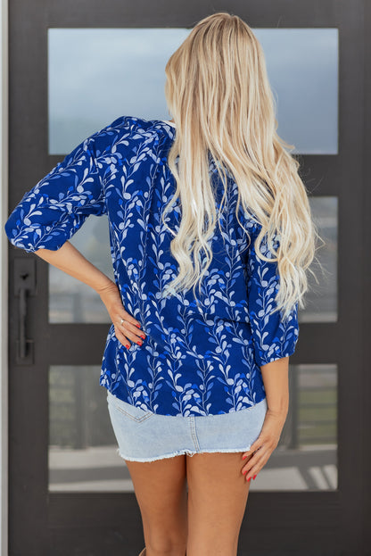 Blue Botanical Print Bracelet Sleeve Notched Neck Blouse