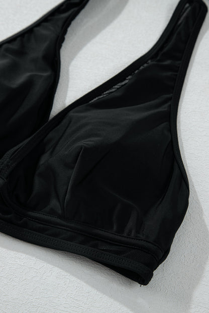 Bikini push-up noir à col en V et bordure en maille transparente