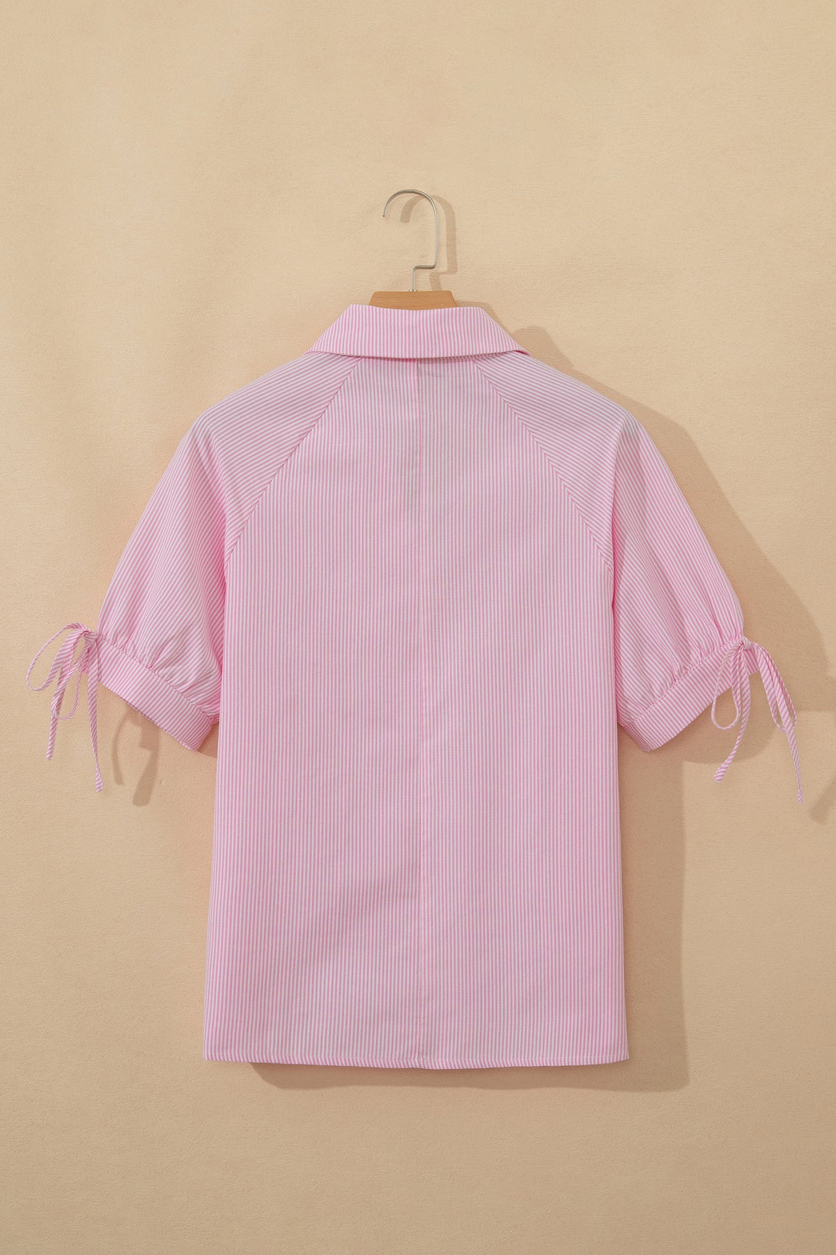 Pink Striped Print Collared Split Neck Half Sleeve Blouse