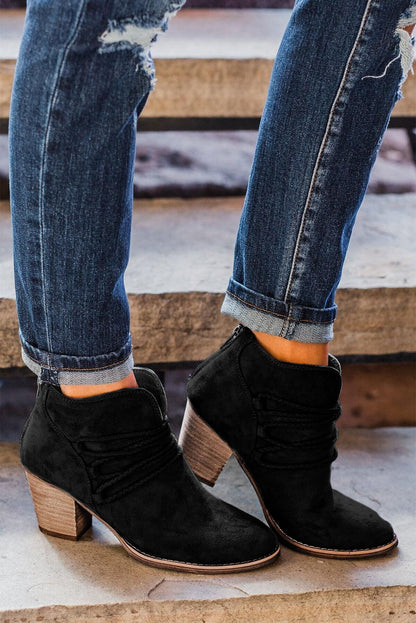 Dark Grey Criss Cross Slip-on Point Toe Heeled Boots