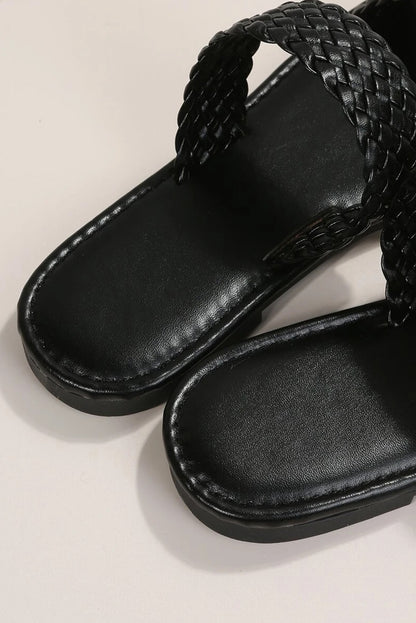Chaussons plats en cuir tressé noir à double bande