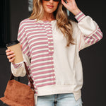 Pink Stripe Stitched Detail Color Block Patchwork Oversized Pullover Top