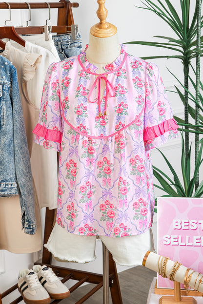 Purple Coquette Floral Bow Printed Contrast Ruffled Short Sleeve Blouse