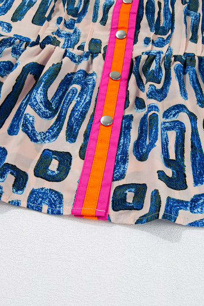 Mini-robe boutonnée à manches bouffantes et imprimé abstrait beige