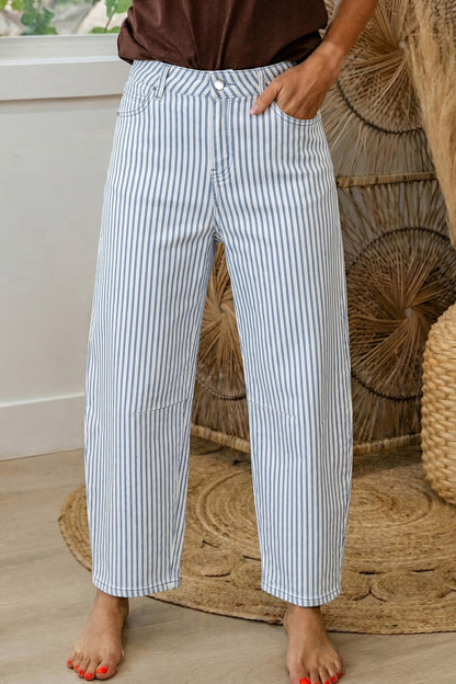 Sky Blue Stripe Casual Barrel Jeans