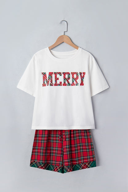 White Plaid Letter Print Short Sleeve Top Elastic Waist Pocket Shorts Lounge Set