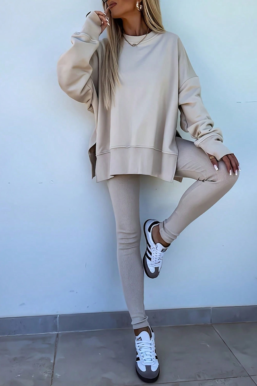 Jet Stream Solid Color Oversize Slit Sweatshirt Ribbed Leggings 2pcs Set