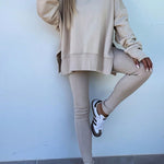 Jet Stream Solid Color Oversize Slit Sweatshirt Ribbed Leggings 2pcs Set