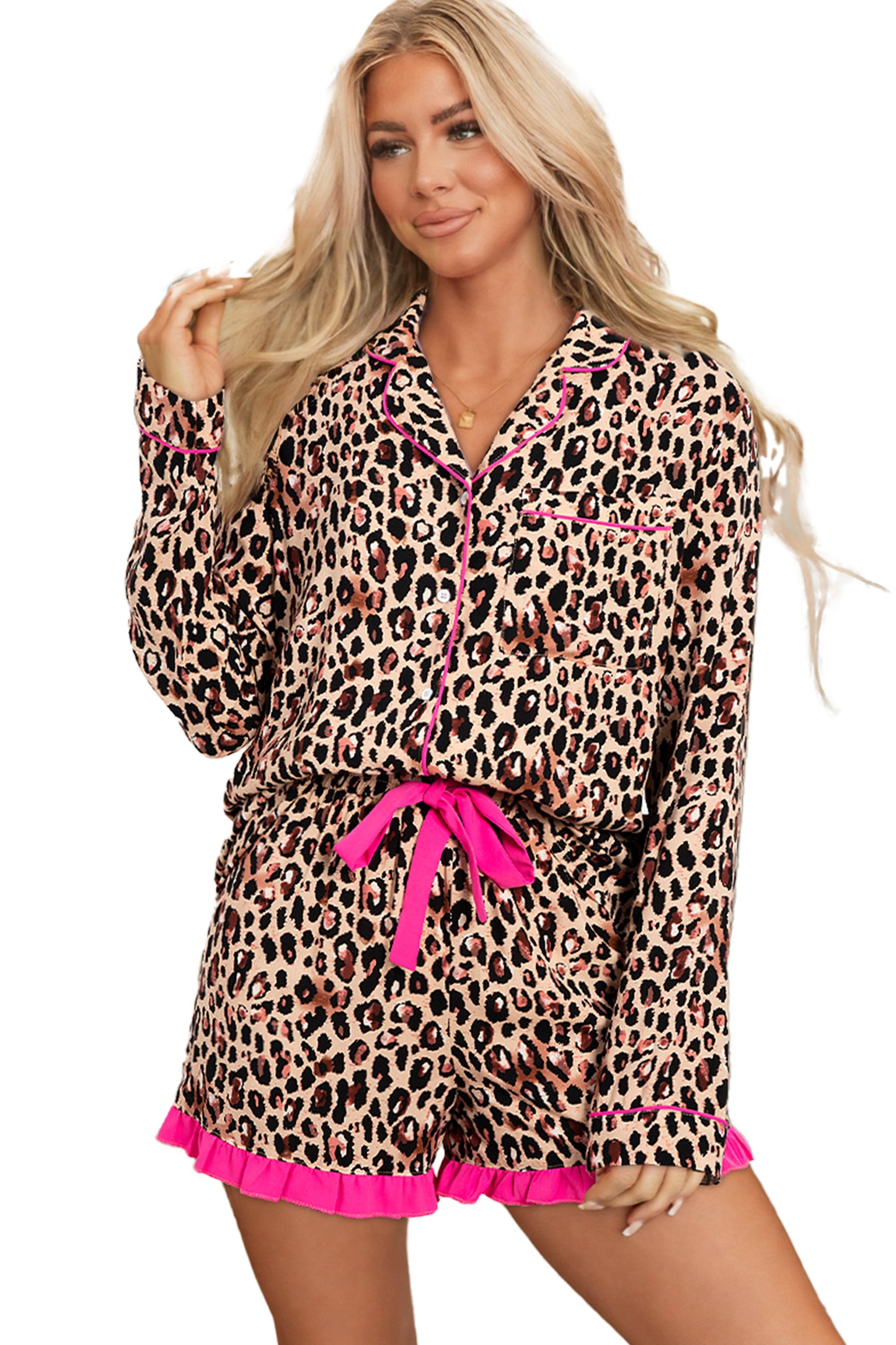 Light French Beige Leopard Print Contrast Trim Long Sleeve Shirt Drawstring Ruffle Hem Short Set