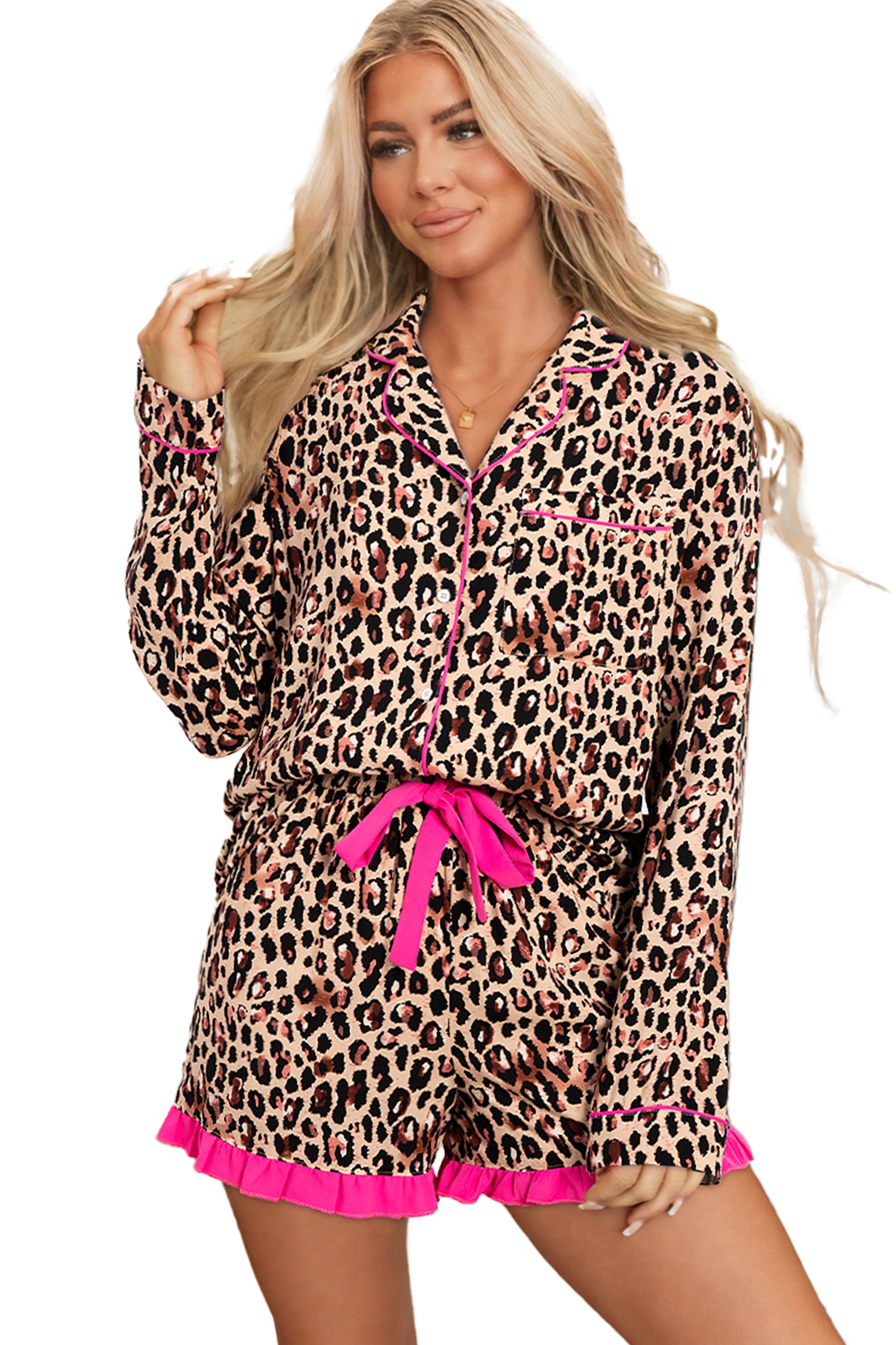 Light French Beige Leopard Print Contrast Trim Long Sleeve Shirt Drawstring Ruffle Hem Short Set