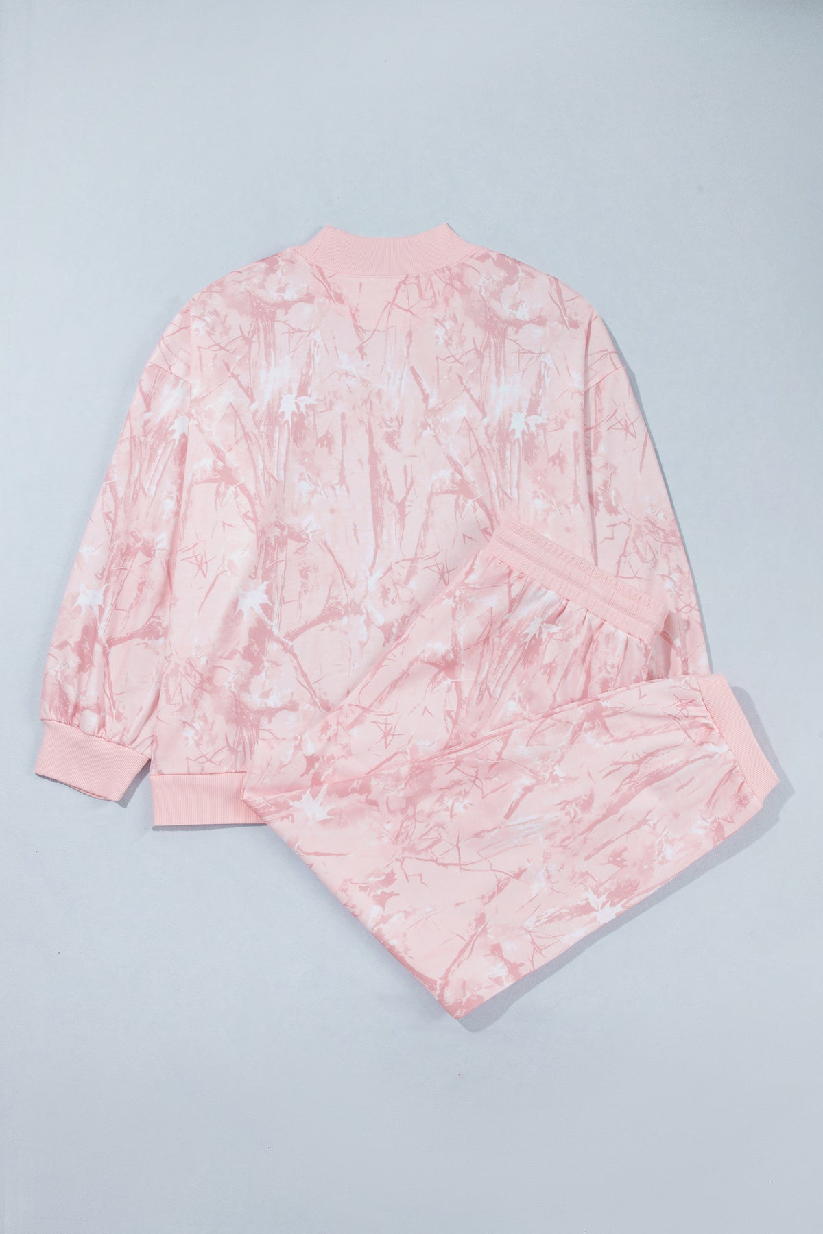 Pink Camouflage Print Stand Neck Long Sleeve Regular Fit Plus Size Set