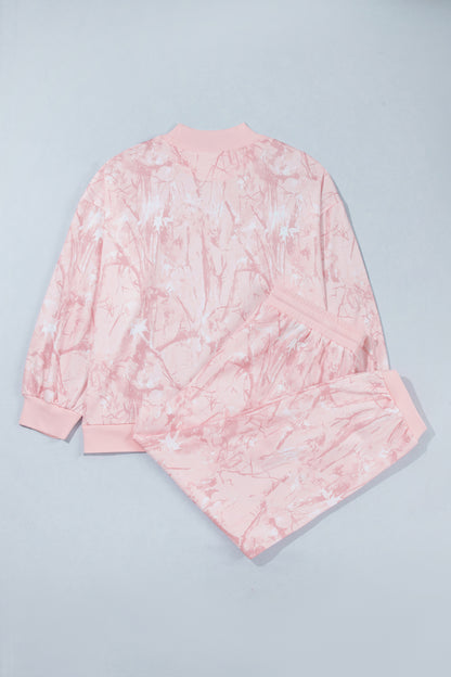 Pink Camouflage Print Stand Neck Long Sleeve Regular Fit Plus Size Set