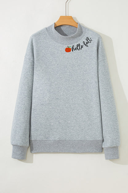Gray hello fall Embroidered Pumpkin Detail Mock Neck Sweatshirt