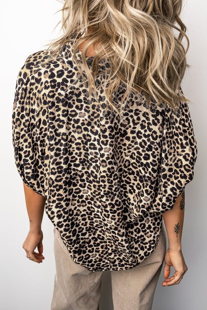 Leopard Contrast Trim V Neck Half Sleeve Western Dolman Blouse
