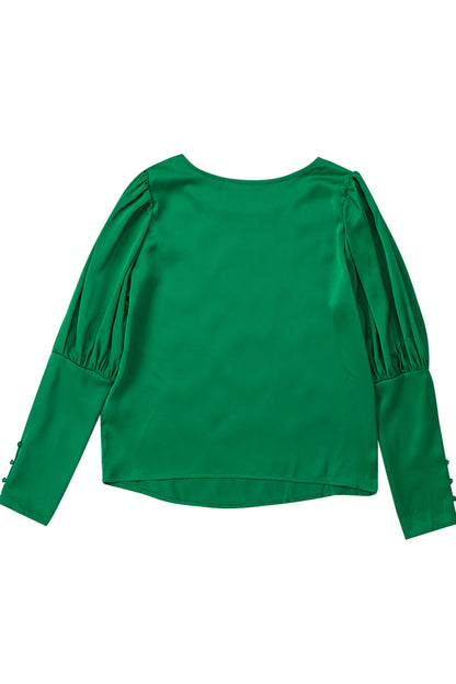 Satin Buttoned Cuffs Puff Sleeve Top