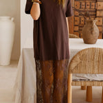 Red Sandalwood Floral Patchwork Short Sleeve T Shirt Loose Maxi Dress