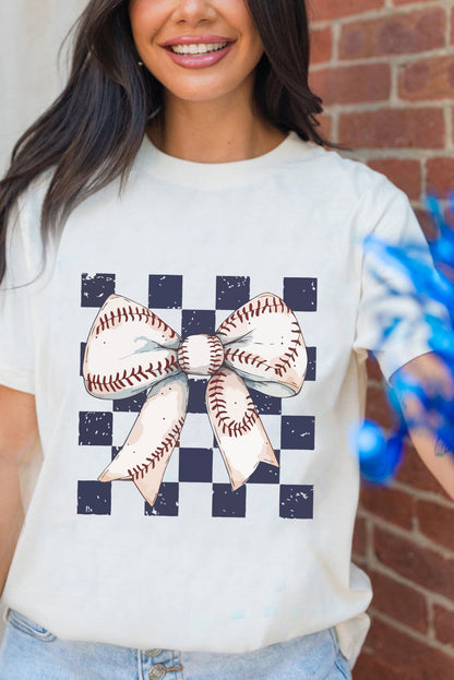 White Checkered Rugby Bowknot Graphic Crew T Shirt