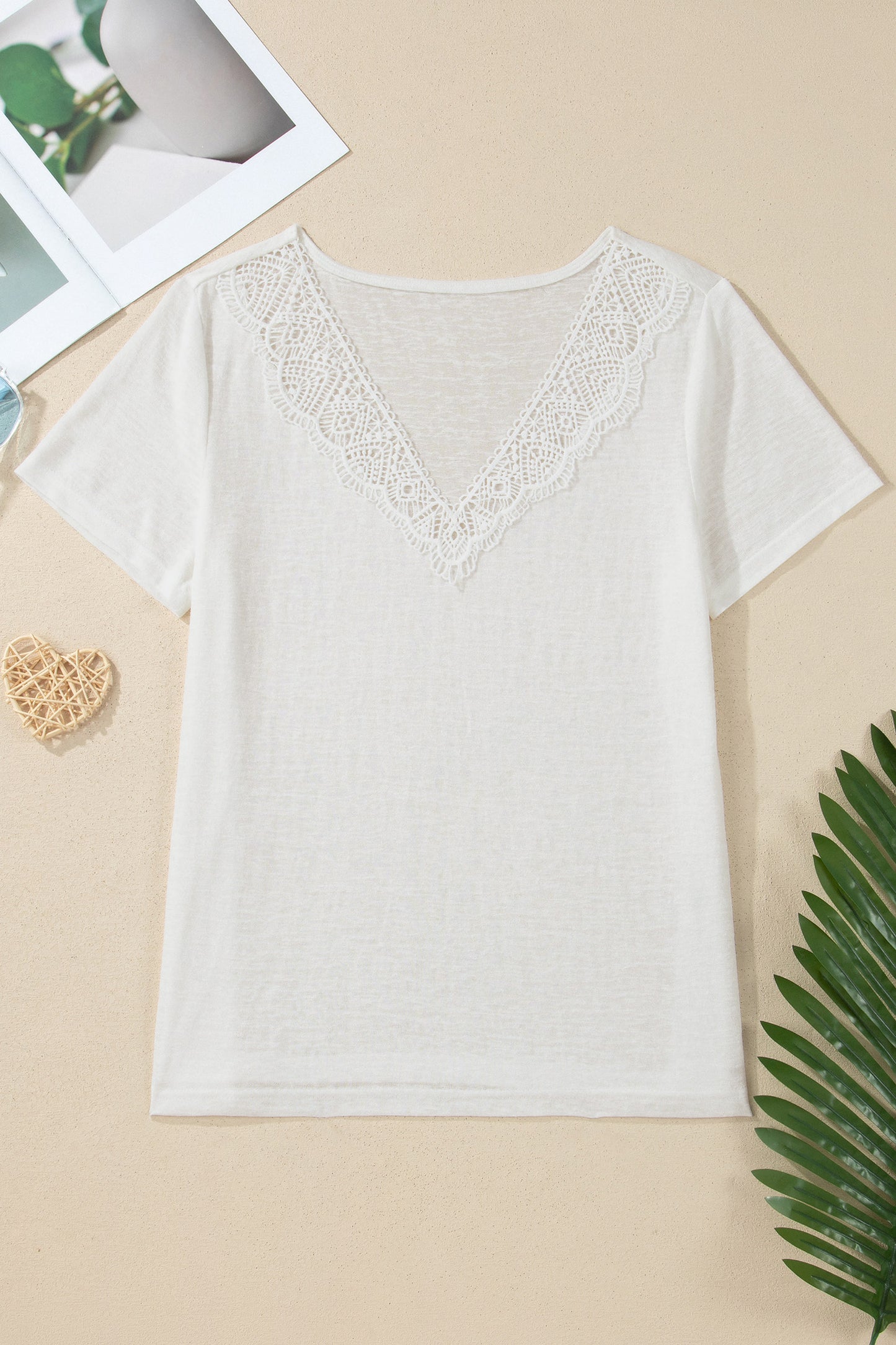 White Hollowed Lace Splicing V Neck T Shirt