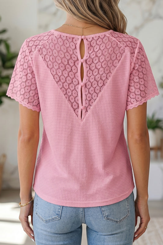 Pink Lace Splicing Button Cutout V Neck Waffle Knit Blouse
