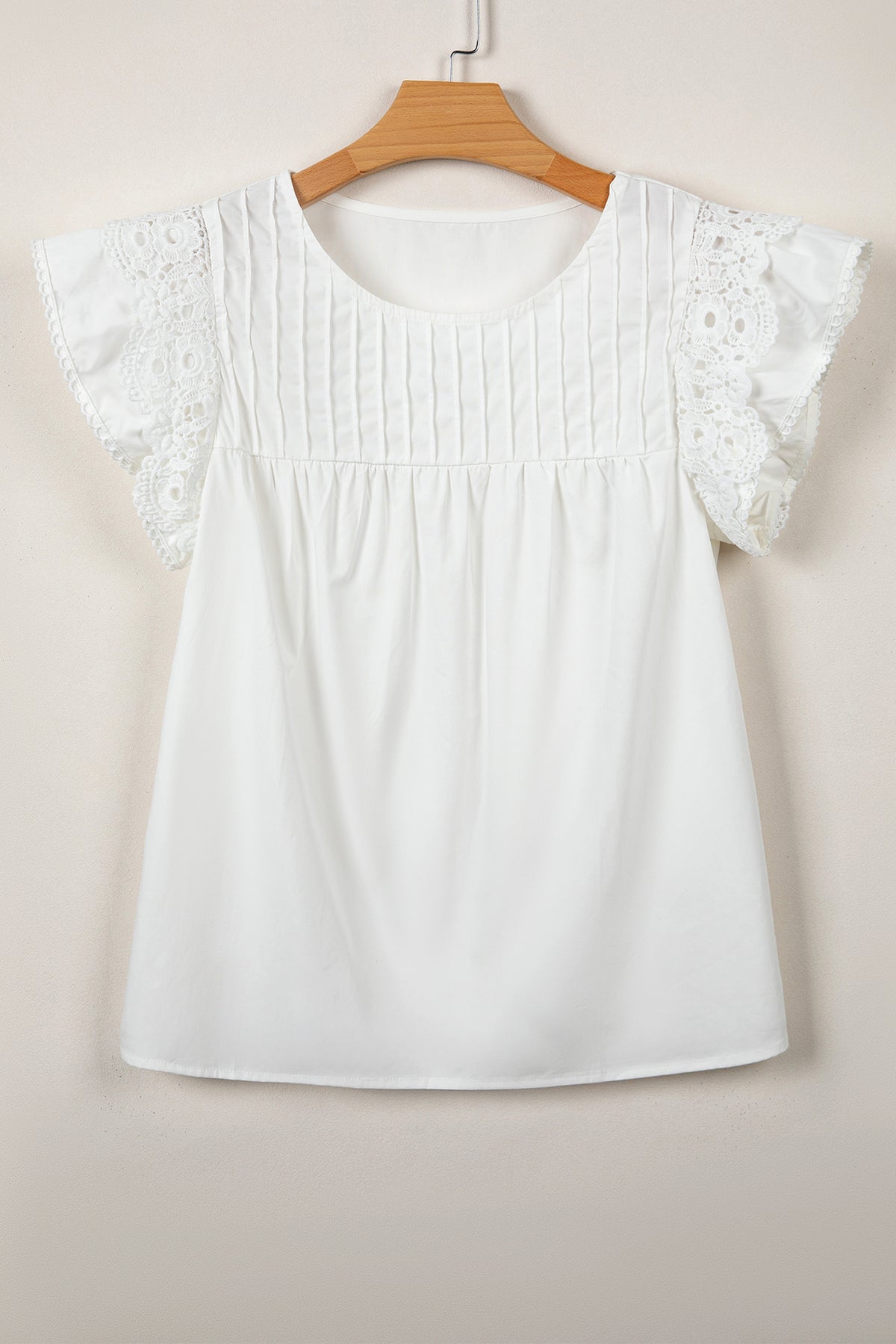 White Lace Detail Flutter Sleeve Pleated Round Neck Blouse