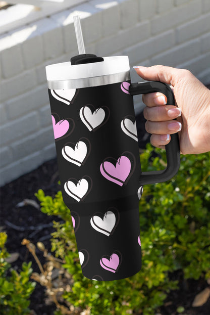 Black Valentines Heart Printed Thermos Cup with Handle