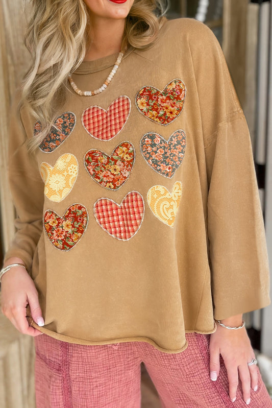 Straw Yellow Plaid Floral Heart Stitched Exposed Seam Mineral Wash Sweatshirt