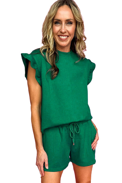 Haut fendu à volants texturé vert foncé et short à cordon de serrage