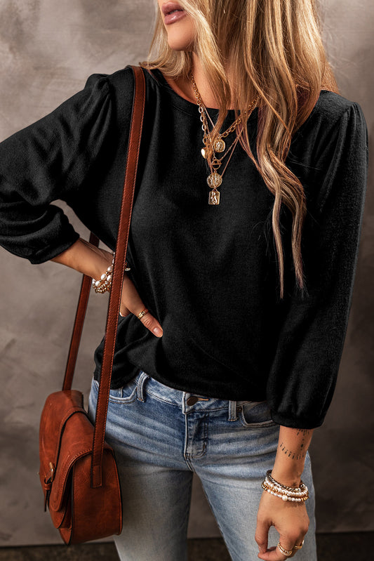 Black Solid Color 3/4 Sleeve Round Neck Blouse