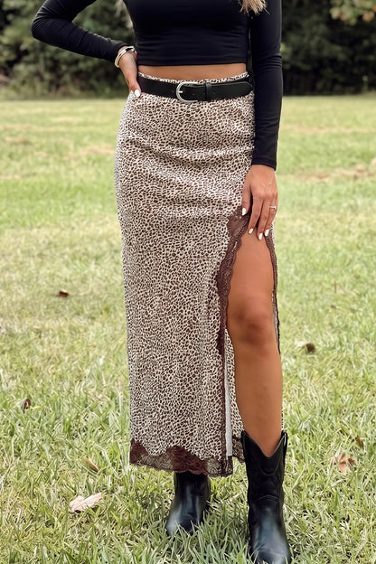 Brown Cheetah Print Trim Split Long Western Skirt