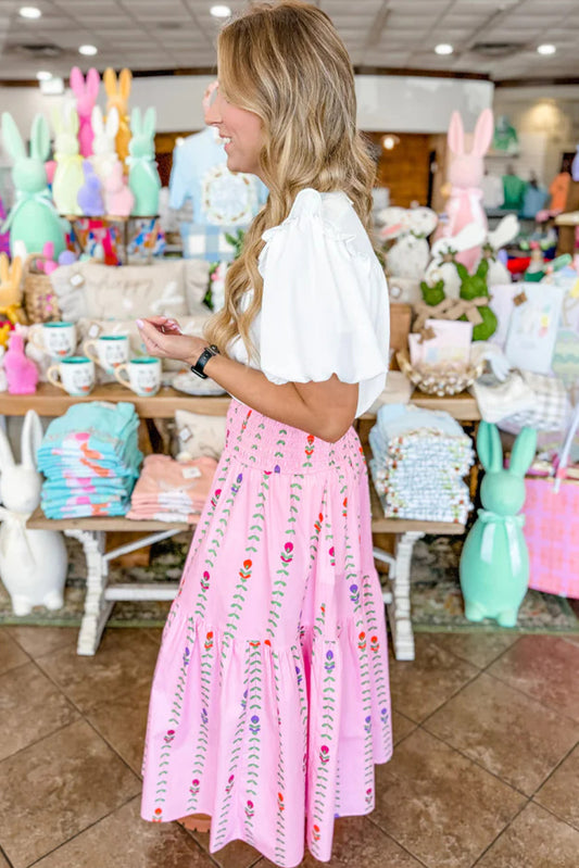 Pink Printed Smocked Tiered Maxi Skirt