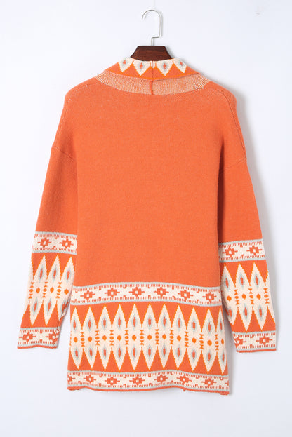 Cardigan ouvert en maille orange à imprimé aztèque