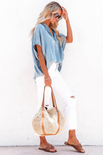Split V Neck Oversized Denim Blouse