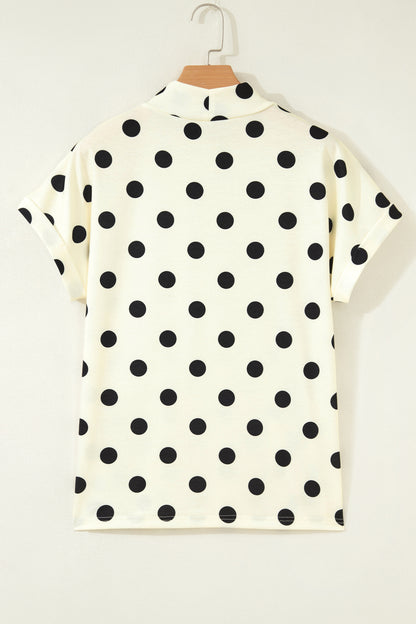 Beige Polka Dot Print High Neck Dolman Top