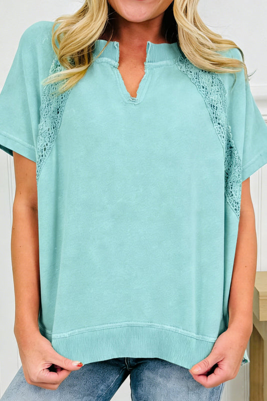 Mint Green Raw Cut Notched Neck Lace Patchwork Detail Mineral Wash Tee